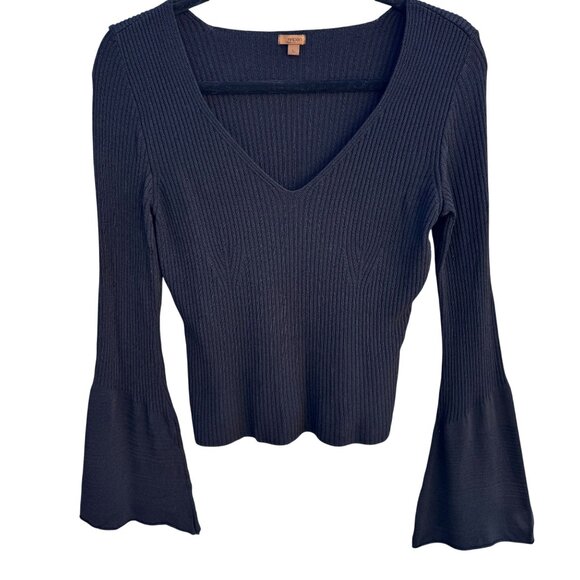 Arden B Sweaters - Arden B Black Ribbed Bell Sleeve Knit Sweater V-Neck Womens L Boho Preppy Glam